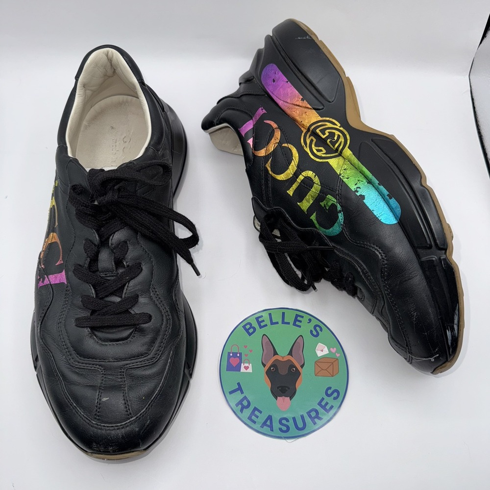 Gucci Men's 11 Black Rhyton Iridescent Rainbow Logo Apollo Nero Sneaker Shoes - Picture 1 of 13